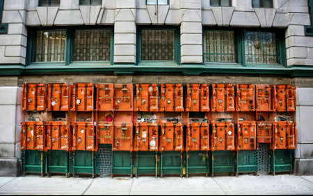 many green and orange mailboxs on the side of a building in new yorkの素材