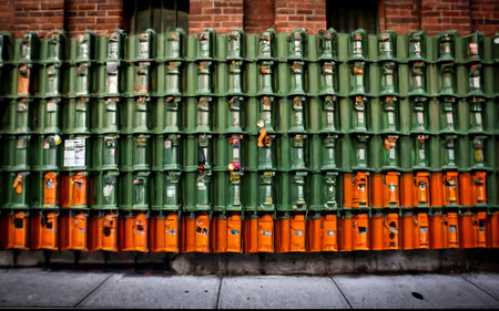 many green and orange mailboxs on the side of a building in new yorkの素材