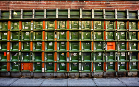 many green and orange mailboxs on the side of a building in new yorkの素材