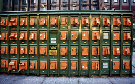 many green and orange mailboxs on the side of a building in new yorkの素材