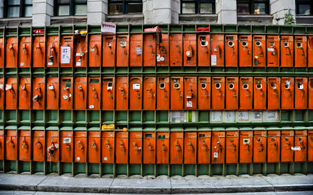 many green and orange mailboxs on the side of a building in new yorkの素材
