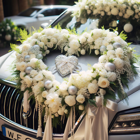 wedding car decorated with a heart of the white flowersの素材