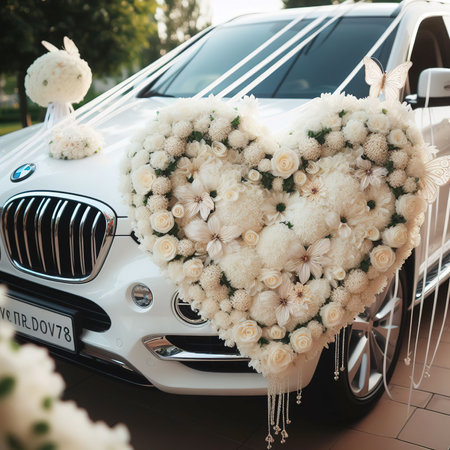 wedding car decorated with a heart of the white flowersの素材