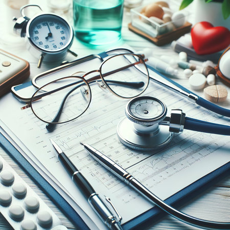 Glasses, stethoscope, pressure gauge on a white tableの素材