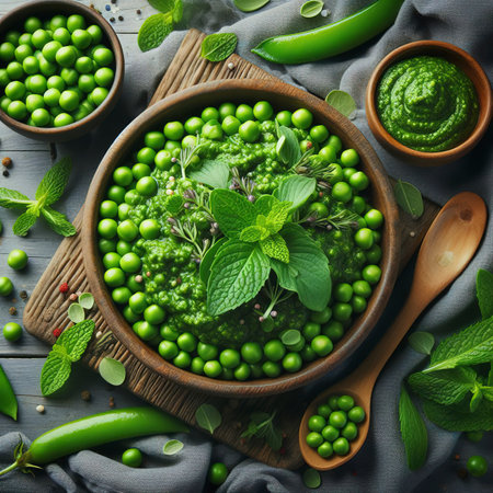 Green peas and mint refreshing green pesto, view from aboveの素材