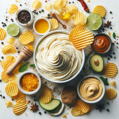 Kutchut is smeared and potato chips are scattered on a white background. Top view, flat layの素材