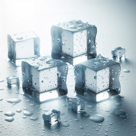 Ice cubes with water drops scattered under natural light on a white backgroundの素材