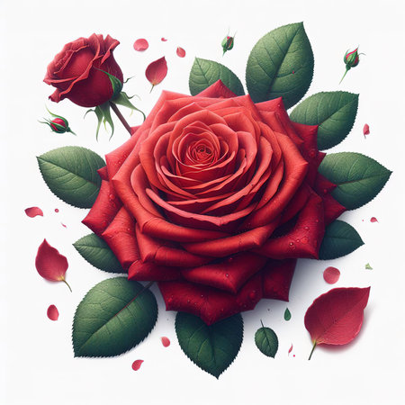 red rose with leaf on white backgroundの素材