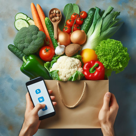 Shopping or delivery of fresh and healthy vegetarian food conceptの素材