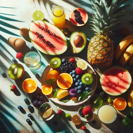 Summer tropical fresh fruits flat lay healthy table setting concept with strong contrast sunny shadowの素材