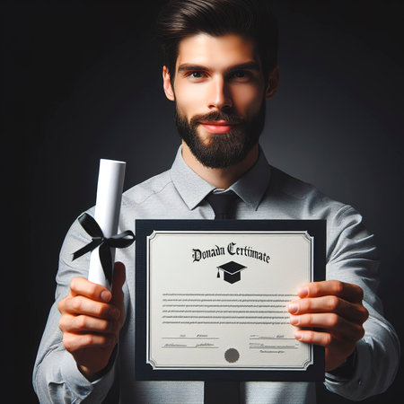 A blank diploma or a mockup certificate in the hand of a man employee wearing shirt on black backgroundの素材