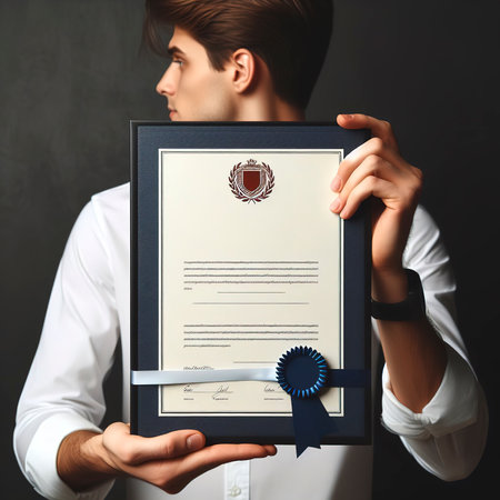 A blank diploma or a mockup certificate in the hand of a man employee wearing shirt on black backgroundの素材
