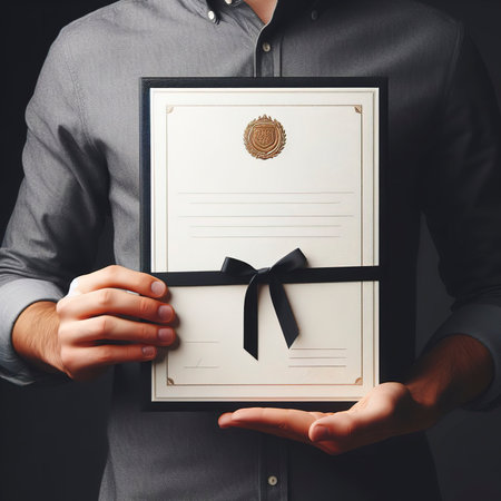 A blank diploma or a mockup certificate in the hand of a man employee wearing shirt on black backgroundの素材