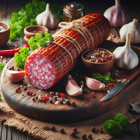 A loaf of salami Servelat sausage on a cutting Board with parsley and spices and garlicの素材