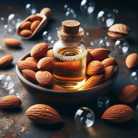 Almond essential oil in dark glass bubbles and fresh almond nutsの素材