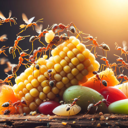 ant moving food to nest for eatingの素材