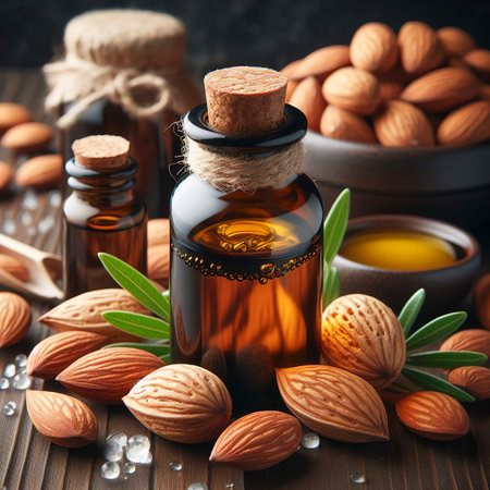 Almond essential oil in dark glass bubbles and fresh almond nutsの素材