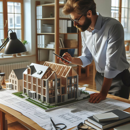 Architect reviewing architectural model in the officeの素材
