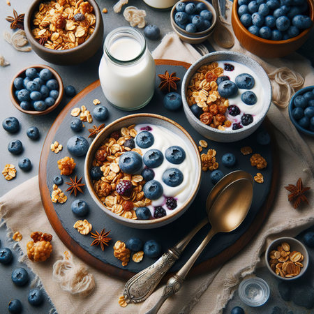 Homemade granola with ripe blueberries served in two bowls with fresh greek yogurt, top down viewの素材