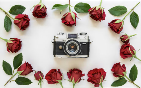 Flat lay floral frame with vintage retro camera, red and beige rose flower buds pattern on white backgroundの素材