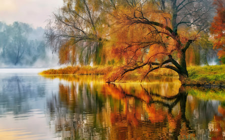 Autumn tree by the pond. Mystical morning autumn landscape with fog over the lake.の素材