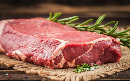 A fresh piece of raw beef on the table. On a wooden backgroundの素材
