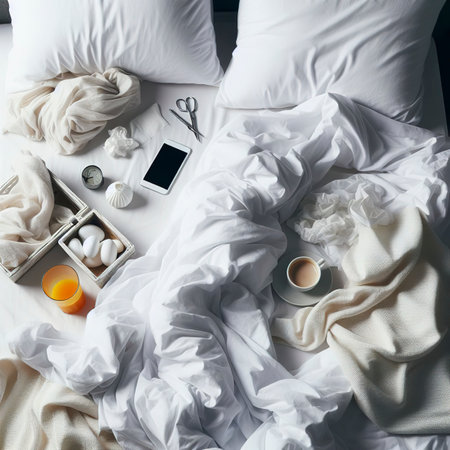 White sheets and blankets after use, Wrinkled and disorganizedの素材