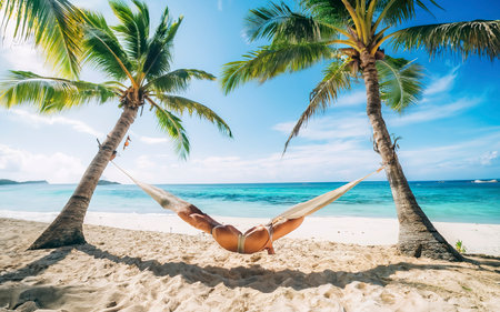 Hammock on the beach with palm trees and blue sky backgroundの素材
