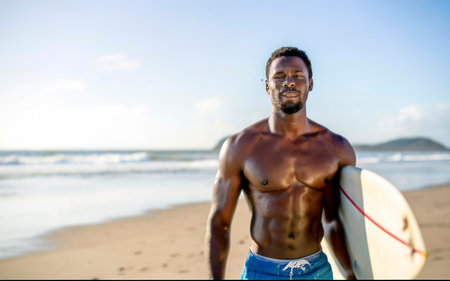 Portrait of a handsome young american african surfer with surfboard, blue ocean backdrop. Beach conceptの素材