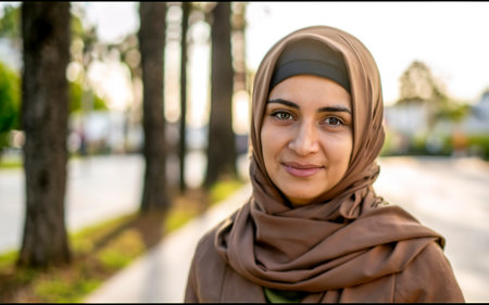 Portrait of young smiling Muslim woman wearing hijab head scarf. Blurred backdropの素材