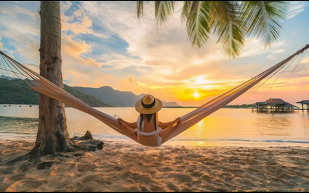 Happy woman with white bikini, hat and shorts Jeans relaxing in hammock on tropical beach at sunset,の素材