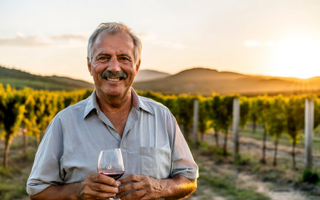 Senior smiling man with a glass of wine, blurred backdrop of vineyard on a sunsetの素材
