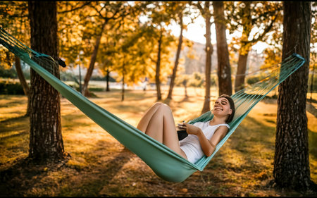 Young woman listening to music while relaxing in hammock outdoorsの素材