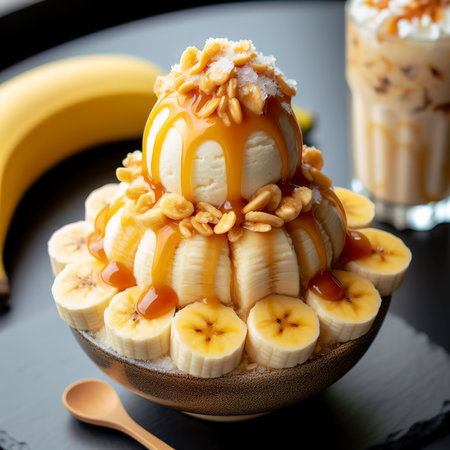 banana caramel mini bingsu on black tableの素材