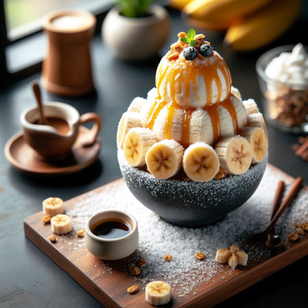 banana caramel mini bingsu on black tableの素材