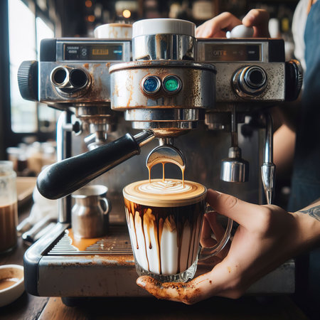 Dirty coffee with coffee machine. Espresso on top of milkの素材