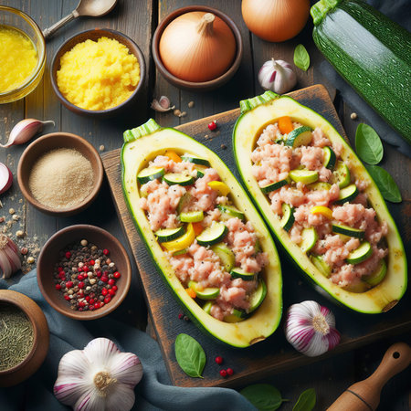Raw zucchini is prepared for stuffing with minced chicken and vegetablesの素材