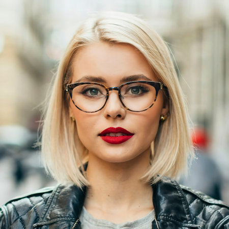 Close up portrait of pretty blonde woman wearing trendy casual outfit , red lipstick and clear glassesの素材