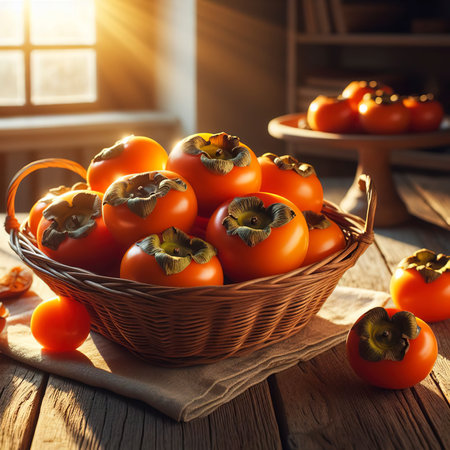 fresh persimmons on a kitchen tableの素材