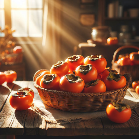 fresh persimmons on a kitchen tableの素材