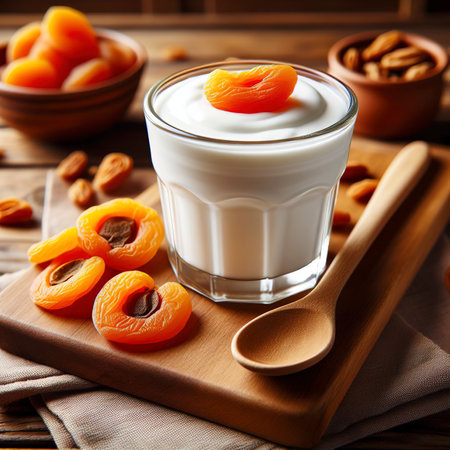 homemade sweet yogurt in a glass with dried apricots on a wooden tableの素材