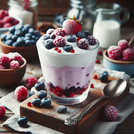Homemade sweet yogurt with frozen berries in a glass on the tableの素材