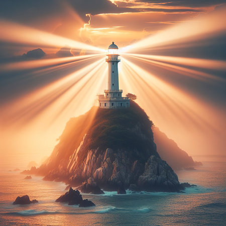 Lighthouse searchlight beam through sea air in Vung Tau. Seascape at morningの素材