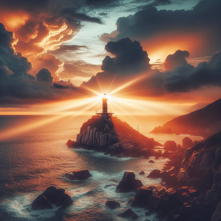 Lighthouse searchlight beam through sea air in Vung Tau. Seascape at morningの素材