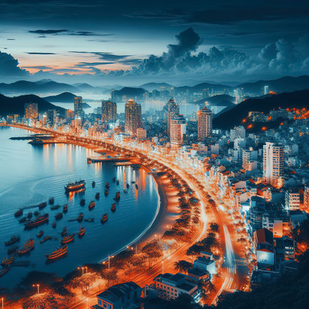 Night in Vung Tau city and coast, Vietnam. Vung Tau is a famous coastal city in the South of Vietnam. Travel conceptの素材