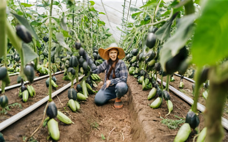 Growing organic eggplants in a greenhouse on the farm. Healthy vegetables conceptの素材