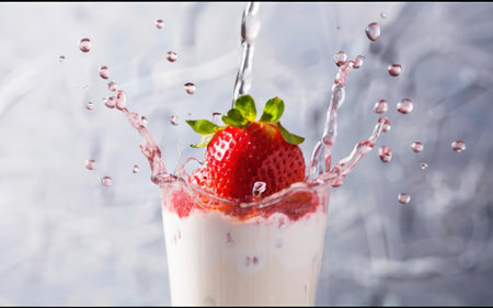 Milk splash with strawberries. Sweet dessert cream. Milkshake conceptの素材