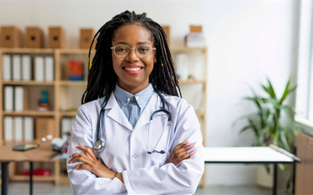 Smiling young African American woman doctor with dreadlocks. Medicine service and health care conceptの素材