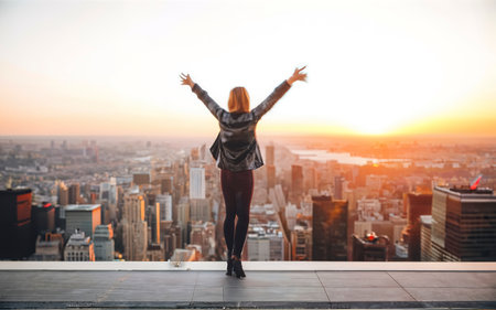 Stylish woman enjoys incredible view of the city from the rooftop at sunset. Freedom conceptの素材