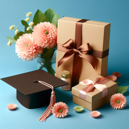 Graduation hat , brown paper gift box and flower against blue background, Congratulation graduated concepts with copy spaceの素材